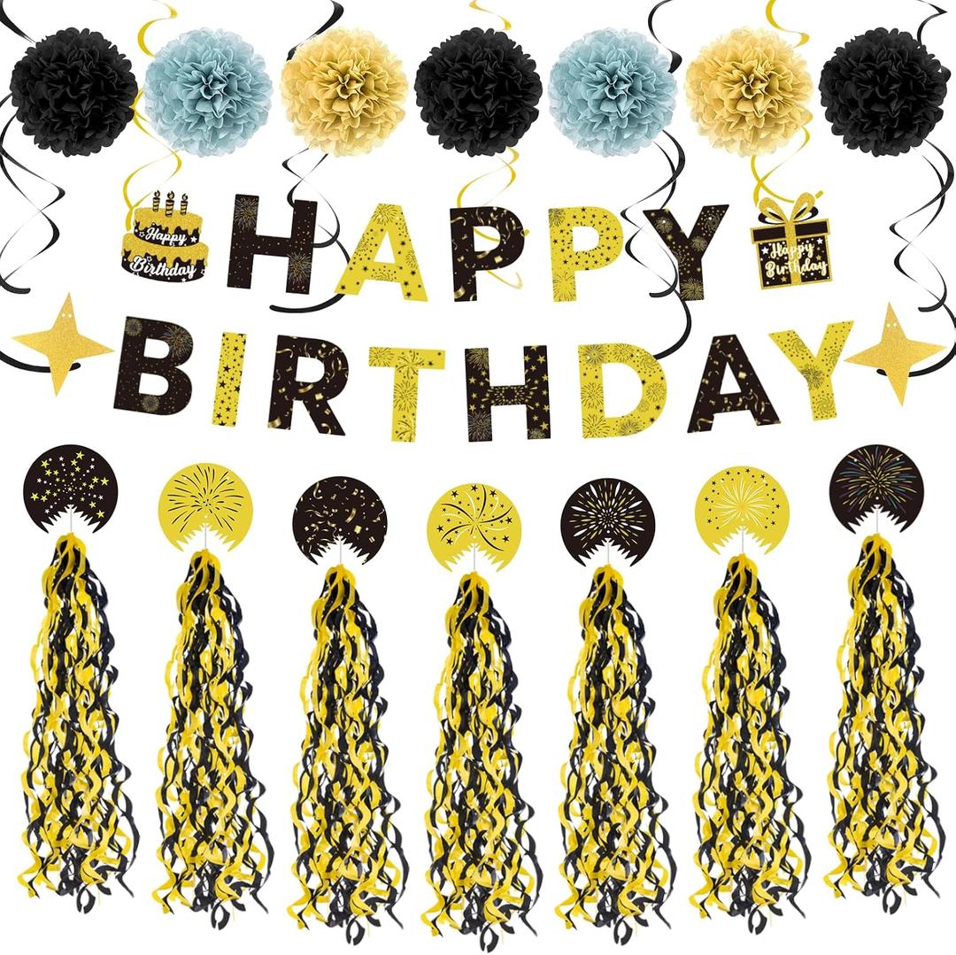 Black and Gold Birthday Decorations Kit, 22Pcs Happy Birthday Banner Pre-Strung, Hanging Swirls & Paper Flowers for 21st 30th 40th 50th 60th Milestone Birthday Party Supplies