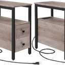 HOOBRO Set of 2 End Tables with Charging Station, Narrow Side Table with Drawers & USB Ports & Power Outlets, Nightstand for Small Spaces, Living Room, Stable, Greige and Black BG541BZP201