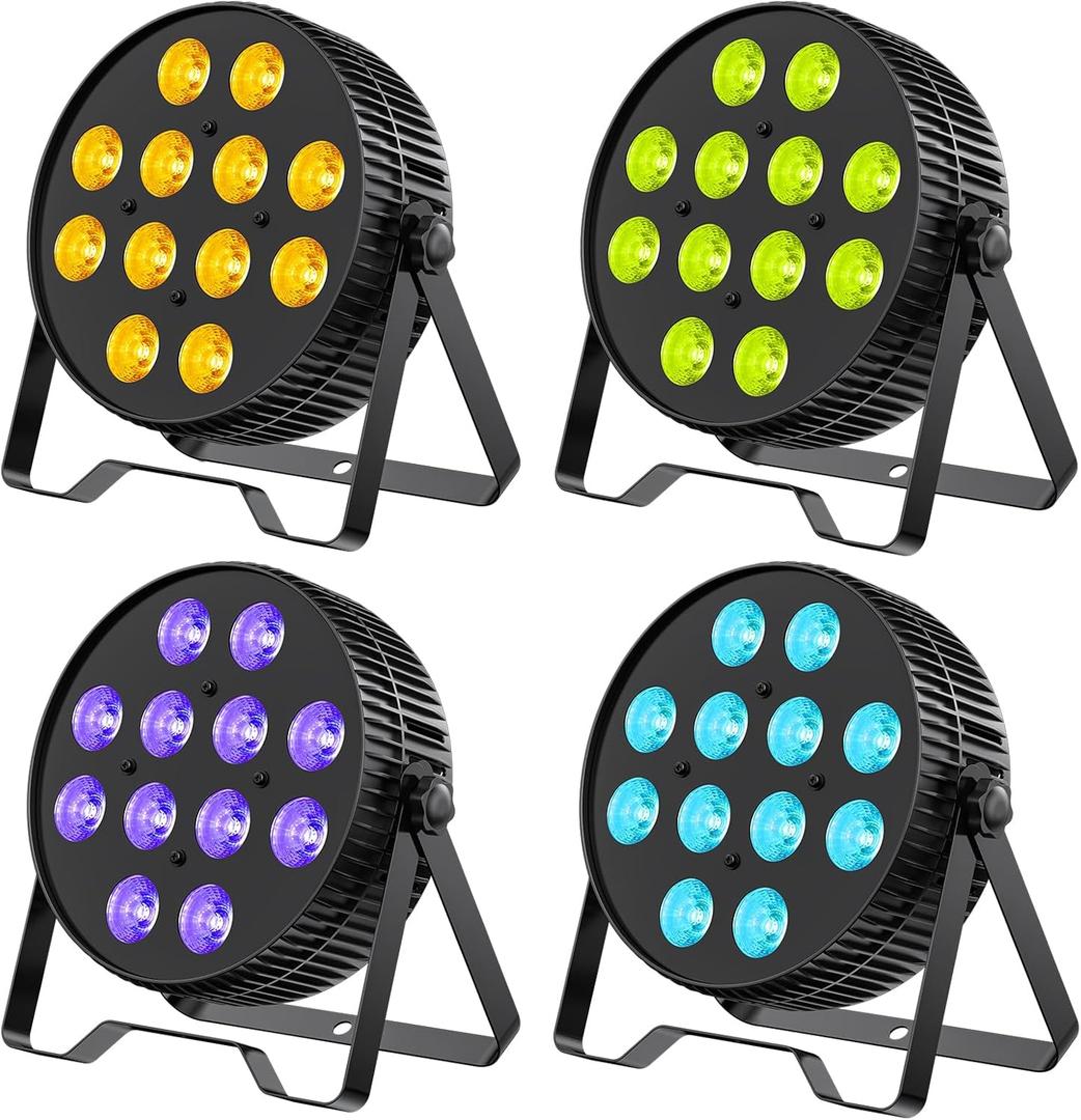 Betopper LED Stage Lights, 12X18W DJ Par Light, RGB+Lime+Amber+UV 6-in-1 Wash/Strobe Effect Stage Lighting, DMX512/Sound Activated Uplighting Lights for DJ, Parties, Concerts, Bars, 4-Pack