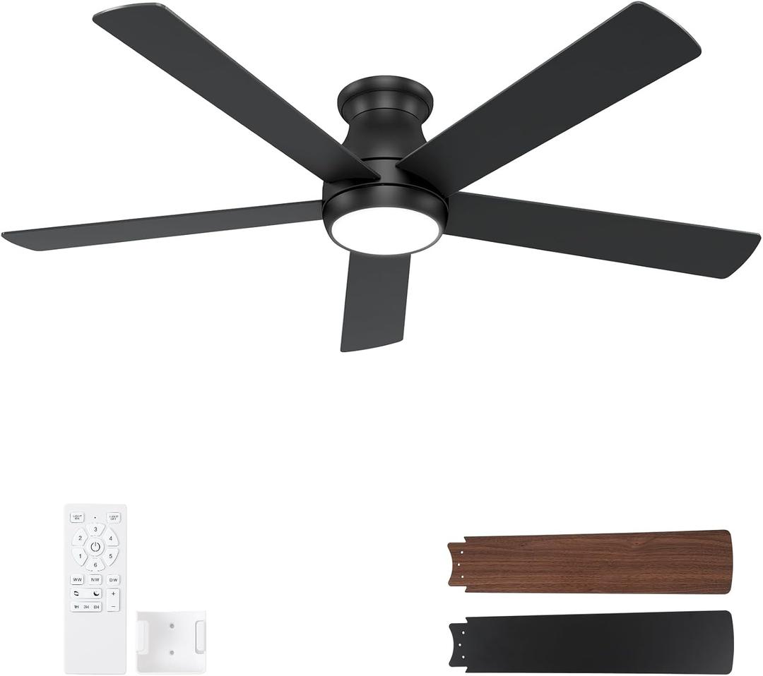POCHFAN 60 Inch Black Ceiling Fans with Lights and Remote, LED Low Profile Flush Mount Ceiling Fan for Bedroom, Living Room, Quiet DC Motor, Dimmable 6 Speeds