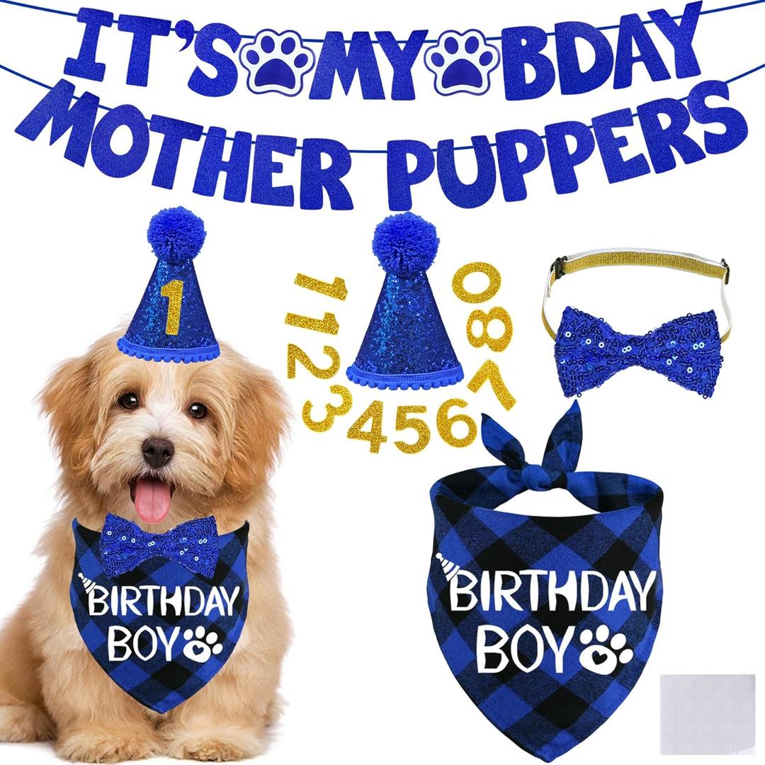 STMK Dog Birthday Decorations, Multi Sizes Dog Birthday Hat with Numbers Bandana Bow Tie Its My Bday Mother Puppers Banner for Small Medium Dogs Pets, Blue, Small
