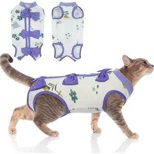 DENTRUN Cat Surgery Recovery Suit Female Male Soft Onesie, Kitten Surgical Collar Cone Alternative Shirt, Abdominal Wounds Anti-Licking Pajama for Small Pets Spay, Cat Body Suit Post Surgery (XL, Purple)