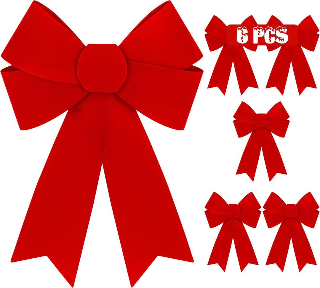 6 PCS Christmas Decorations, 9 x 12 Inches Large Christmas Bows, Red Velvet PVC Hanging XmasTree Decorations Indoor Outdoor Xmas Decor for Home Party Wreath Fence Fireplace Stairs Railing Door