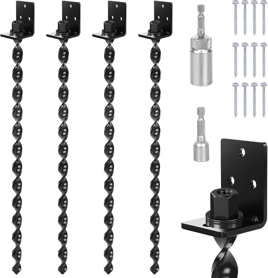 24" Heavy Duty Ground Anchors Screw in, Set of 4 Mobile Home Anchors, Multi-Purpose Earth Anchors with Brackets and Adapter for Drill, Ideal for Mobile Homes, Storage Sheds and Carports(Black)