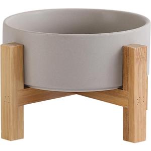 Elevated Ceramic Cat Bowl - Cat Food Bowl with Bamboo Stand - Raised Dog Dish for Puppies - Anti Vomiting, Stress Free - 13.5 oz / 400 ml - Grey Small