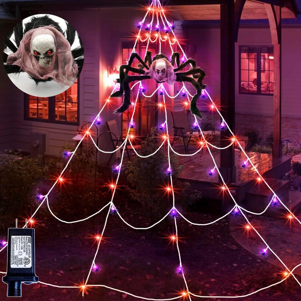Halloween Decoration Outdoor Giant Lighted Spider Web with Skull Spider, 9.8 ft x 9.8 ft 80 LED Orange and Purple Halloween Lights Triangular Spider Web for Yard Lawn Porch Haunted House Decor