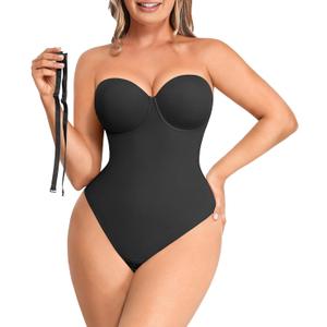 SHAPELLX Shapewear Bodysuit for Women Tummy Control Strapless Body Suit Faja Body Shaper Thong (Large, A1-black)