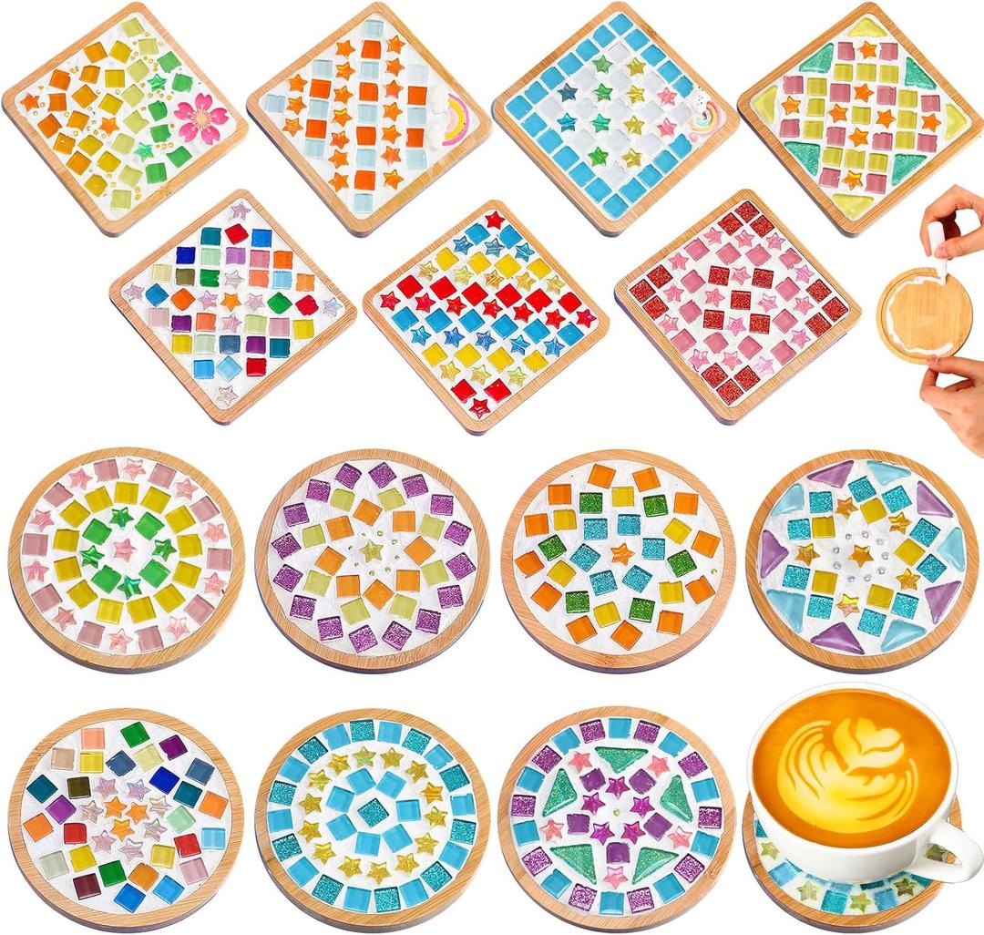 Reallnaive 14 Sets Valentines DIY Mosaic Tiles for Crafts Mixed Color Glass Mosaic Kits Xmas DIY Coasters Kit Make Your Own Stained Glass Coaster for Handmade Holiday Decoration Gift (Assorted Style)