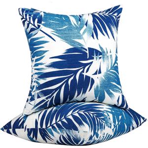 JMGBird Outdoor Pillows Waterproof Set of 2 Outdoor Throw Pillows with Insert Included Pillow 1818 Inch Outdoor Pillow for Patio Furniture (Blue Palm Leaves)