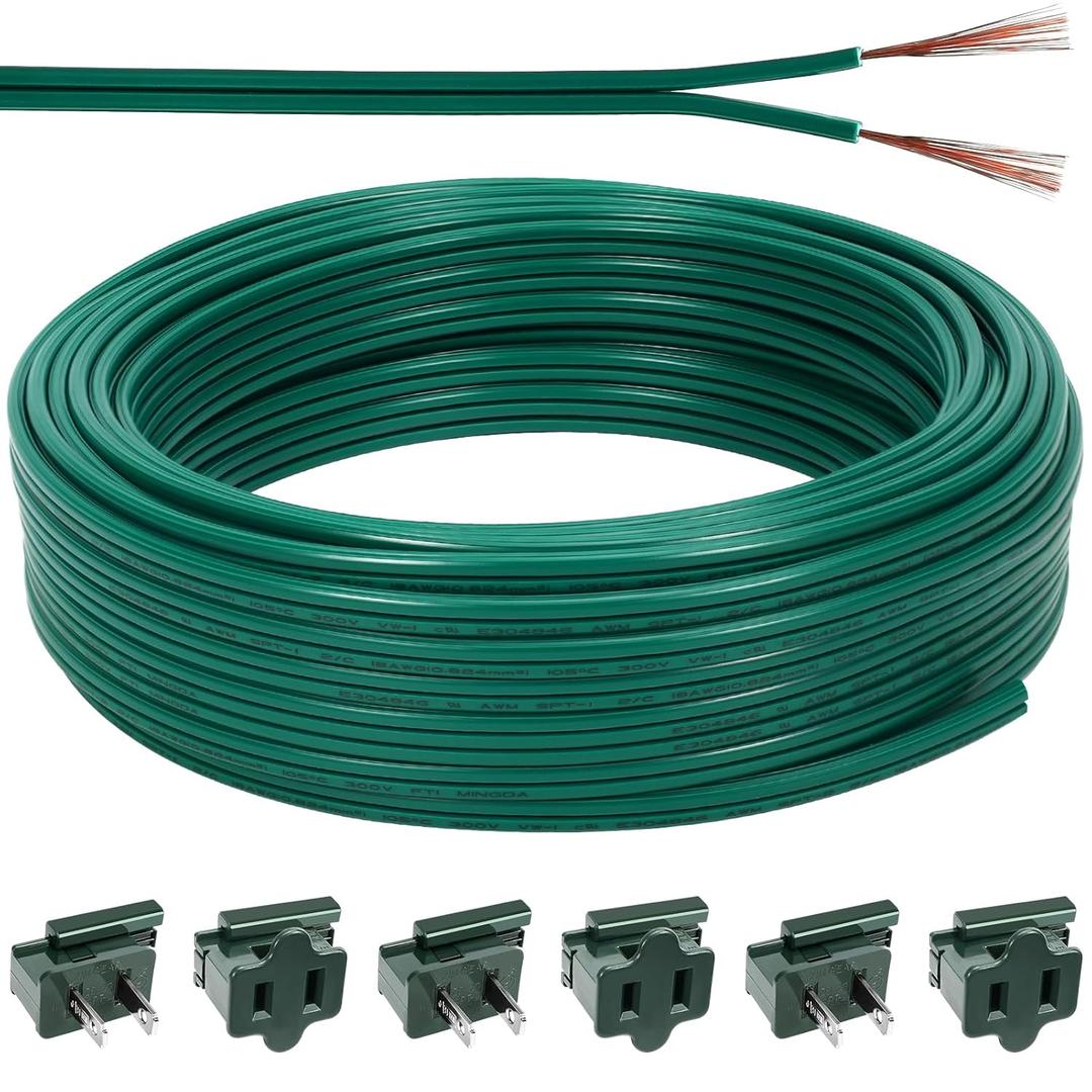 60FT SPT1 Christmas Electrical Wire with 6pcs Vampire Plugs, 18/2 Gauge Low Voltage Extension Cord, 18 AWG 2Conductor Flexible Wire for Outdoor Holiday Lights, Landscape Lighting