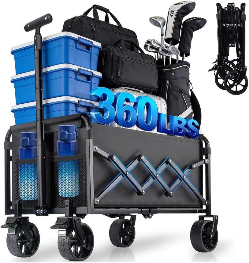 Collapsible Wagon Cart Foldable with Wheels - Heavy Duty 360LBS Portable Folding Utility Shopping Cart with 360° Swivel Brakes Wheels & Cup Holders for Outdoor Camping Beach Grocery Garden