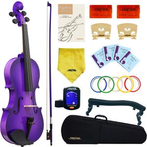Crafteem 4/4 Full Size Fiddle Purple Colored Premium Violin Outfit for Beginners Adults Kids With 5 Color Fingering Tape- Handcrafted Student Beginner Violin. (Purple, 4/4 Full)