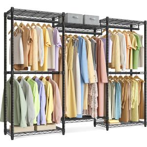 SONGMICS Heavy-Duty Clothes Rack, Garment Rack, Portable Closet, 68.7-Inch Wide Clothing Rack with Adjustable Mesh Shelves and Hanging Rails, Ink Black ULGR433B01