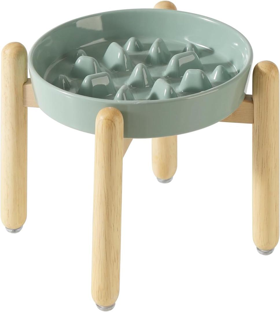 Ceramic 1.6 Cup Dog Raised Slow Feeder Set, Elevated Bowl with Wooden Stand for Medium and Large Dog, 8.2inch Slow Feeder Dish for Fast Easters, Anti-Gulping(Light Green, Single Bowl+ Stand)
