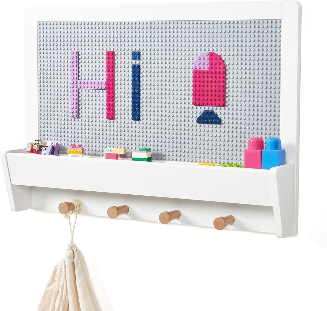 UTEX 2 in 1 Building Block Wall Panel for Kids with Shelf and Hooks, Wood Wall Shelf for Playroom, Nursery, 57.5 cm L x 40 cm W x 9.8 cm H