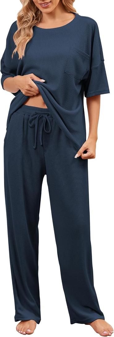 JiniGolla Womens Pajama Sets Waffle Knit Short Sleeve Shirt with Long Pajama Pants Soft Sleepwear Pj Lounge Sets, Size M