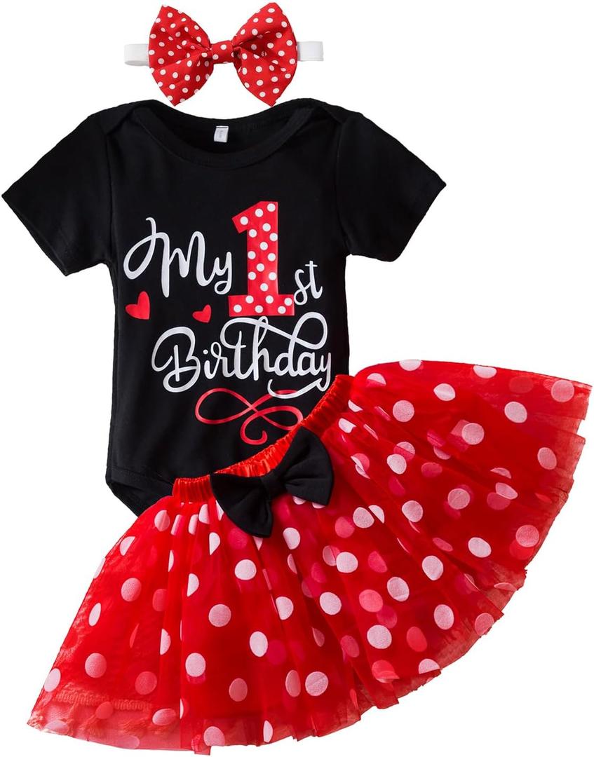 TTYAOVO Baby Girl 1st Birthday Outfits Sets Polka Dot Dress Romper+Tutu Skirt+Headband (Size 9-12M, 916 Red)