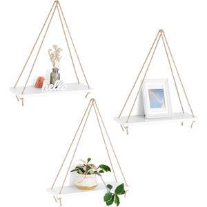 Mkono Wood Hanging Shelves for Wall Boho Decor Swing Rope Rustic Floating Shelf, Set of 3 Wall Display Shelving Home Organizer Rack for Living Room Bedroom Bathroom Kitchen, White