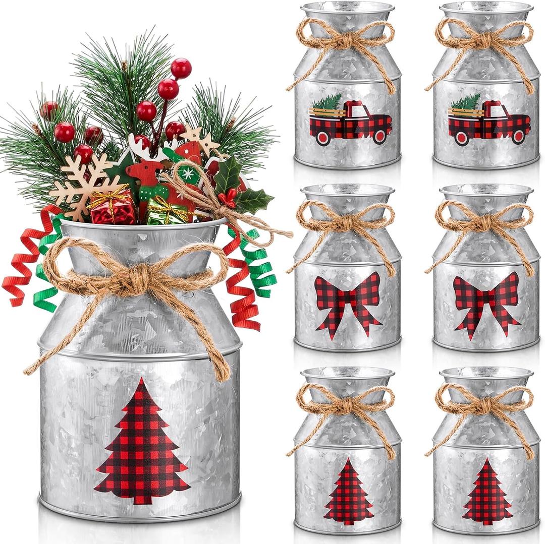 Domensi 6 Pcs Christmas Flower Vases for Table Centerpieces Bulk 5.12 Inch Rustic Metal Galvanized Flower Buckets with Bow Farmhouse Buffalo Plaid Xmas Milk Can Jug for Kitchen Dining Table Decor