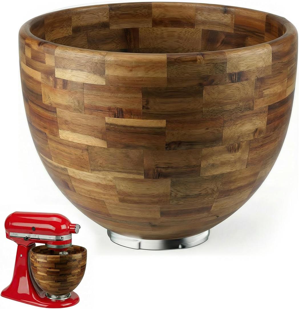 5 Qt Solid Wood Mixing Bowl Compatible with KitchenAid Tilt-Head Stand Mixer, Handcrafted Natural Wooden Bowl for 4.5-5 Qt K45SS KSM75 KSM150, Ideal for Bread Dough & Salads (Light Brown)