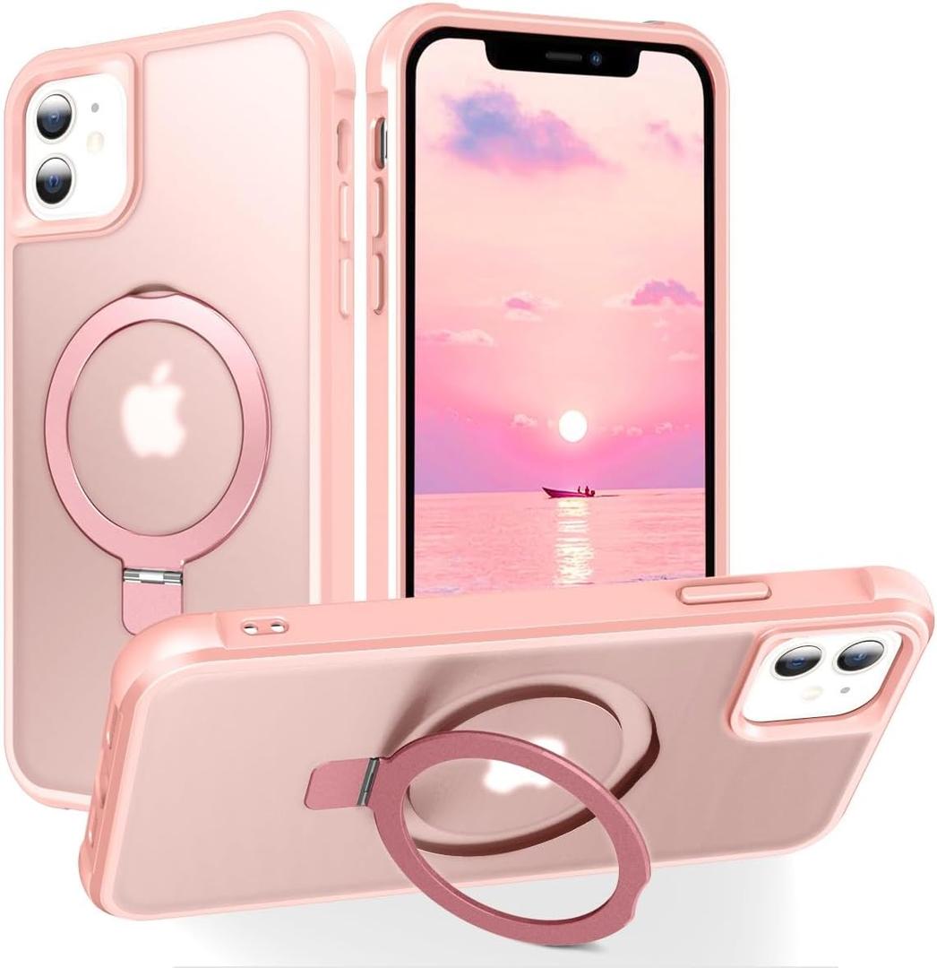 for Magnetic iPhone 12 case, Invisible Stand and Ring Holder, Magsafe Compatible, Military Grade Protection, Shockproof, Men's and Women's 6.1 - Pink