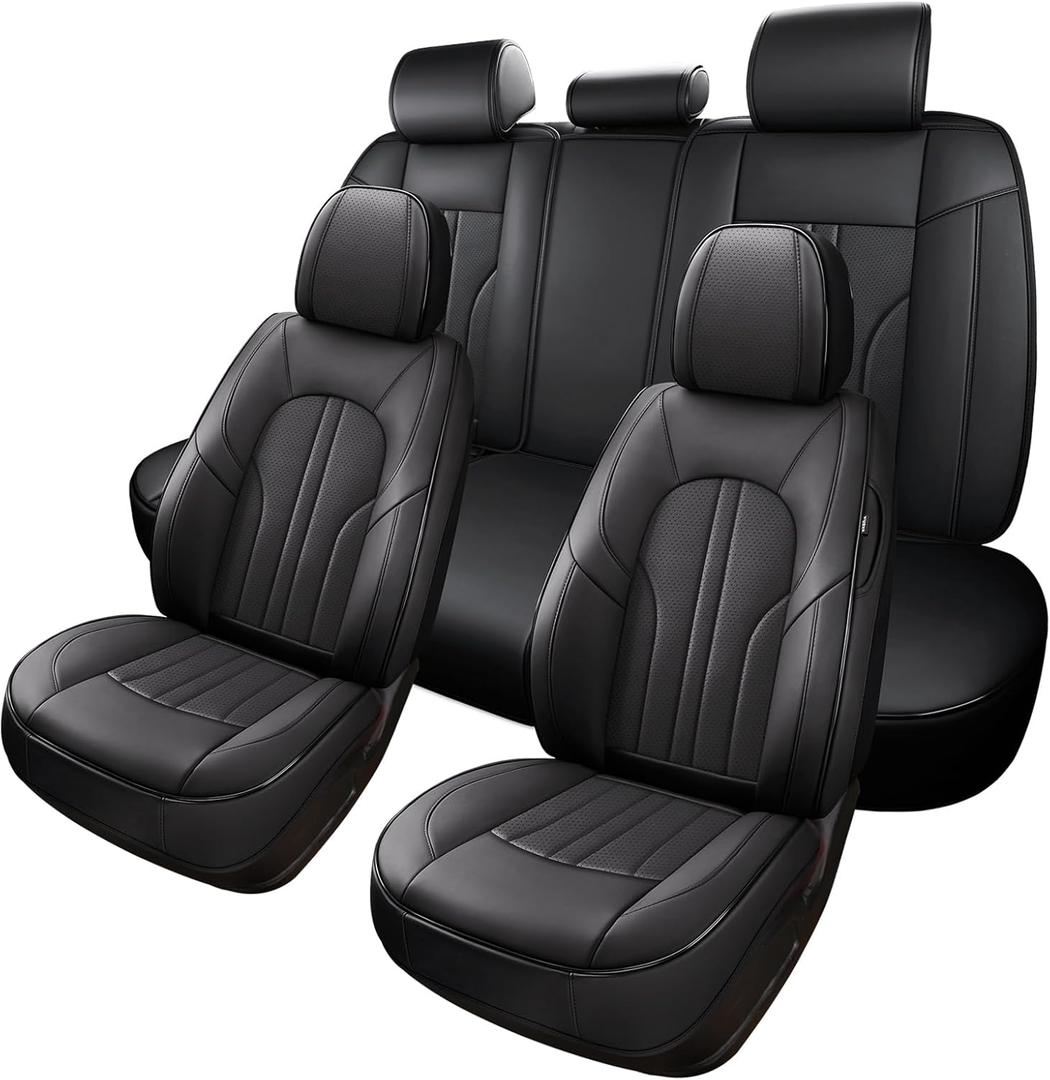 MINGBRON Car Seat Cover Full Set, Leather Car Seat Cover, Waterproof Seat Covers, Car Seat Cushion, Nappa Leather Seat Covers Car Seat Protector Universal Fit Most Cars Black