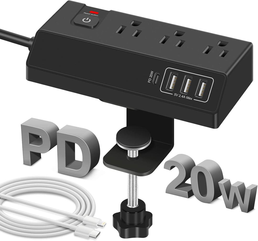 3 Outlet Desk Clamp Power Strip with 4 USB Ports - Desktop Edge Mount Surge Protector - Clamp on Power Strip USB C 20W - Desk, Men, Hotel, Home, Office, Gaming, Phone, Computer, Electronic Accessories