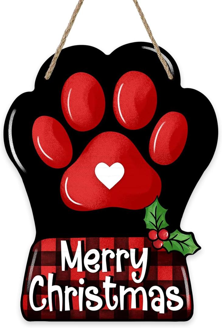 Merry Christmas Dog Cat Paw Front Door Sign, Xmas Buffalo Plaid Farmhouse Wood Door Hanger Outdoor Porch Decor, Winter Holiday Wooden Wreath Indoor Wall Hanging Decoration Pet Lover Gifts