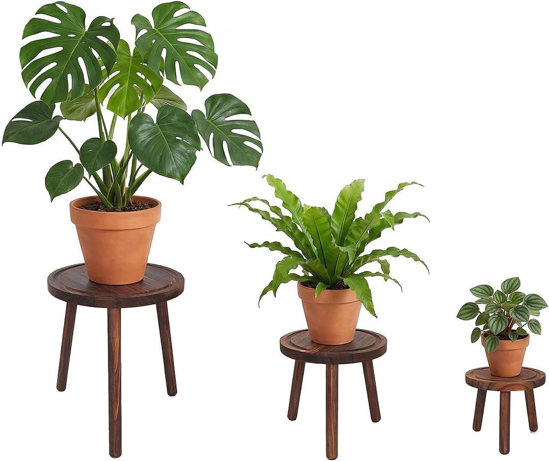 Amdermi 3-Pack Wood Plant Stands Indoor, Single Plant Stand for 6-12 Inch Pots, Mid-Century Modern Plant Stool, Tall Plant Stand for Large Plants for Living Room, Balcony, Office (Dark Brown)