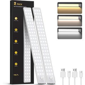 Under Cabinet Lighting with 3 Color Temps - 14.7" Motion Sensor Light Indoor, Magnetic Wireless Closet Lights, Dimmable Led Light, Rechargeable Under Counter Lights for Kitchen, Bedroom, Stair, 2 Pack