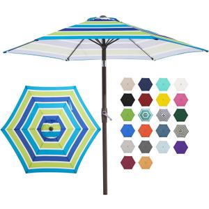JEAREY 7.5FT Patio Umbrella Market Table Umbrella with 6 Sturdy Ribs, Push Button Tilt/Crank Outdoor Umbrella for Garden, Deck, Backyard, Pool and Beach,Bold Blue-Green Stripe