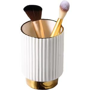 IEEK Makeup Brush holder Organizer,Glass Cosmetic Makeup Brush Cup Ceramics Brushes Storage Holder,White and Gold Modern Make Up Brush Cup Pen Pencil Holder Striped Vase