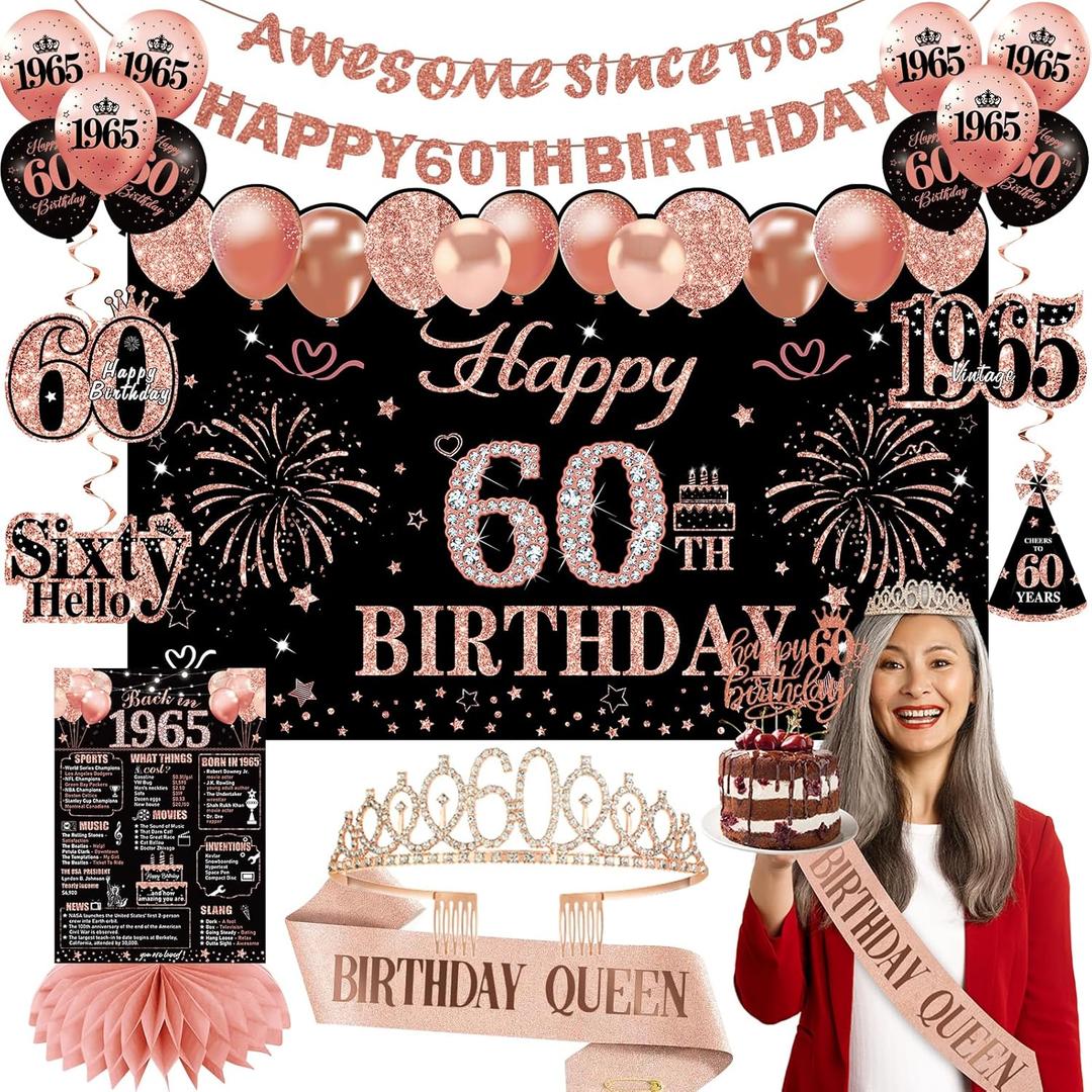 60th Birthday Decorations for Women Black Rose Gold, 60th Birthday Crown and Sash Awesome Since 1965 Banner Backdrop Balloons Cake Topper Table Sign Hanging Swirls Vintage 1965 Gifts 21pcs 