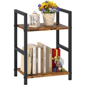 Small Bookshelf for Small Space, 2 Tier Industrial Bookcase,Narrow Book Case Storage Organizer Book Shelf for Living Room, Bedroom and Office, Easy Assembly(2 Tier,Rustic Brown)