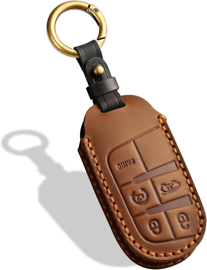 Leather Key Case, Compatible with Jeep Grand Cherokee Renegade Compass Dodge RAM Durango, No Screw (Brown)