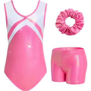 JiAmy Gymnastics Leotards for Girls with Shorts Sparkly Ballet Dance Outfit, 11-12 Years, Rose Red Diamond Set
