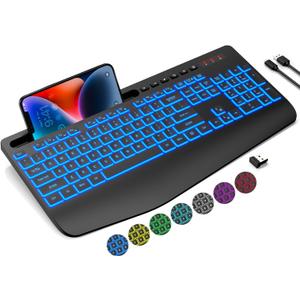 Trueque Wireless Keyboard with 7 Colored Backlits, Wrist Rest, Phone Holder, Rechargeable Ergonomic Keyboard with Silent Light Up Keys, Cordless Computer Keyboard for Windows, Mac, Laptop