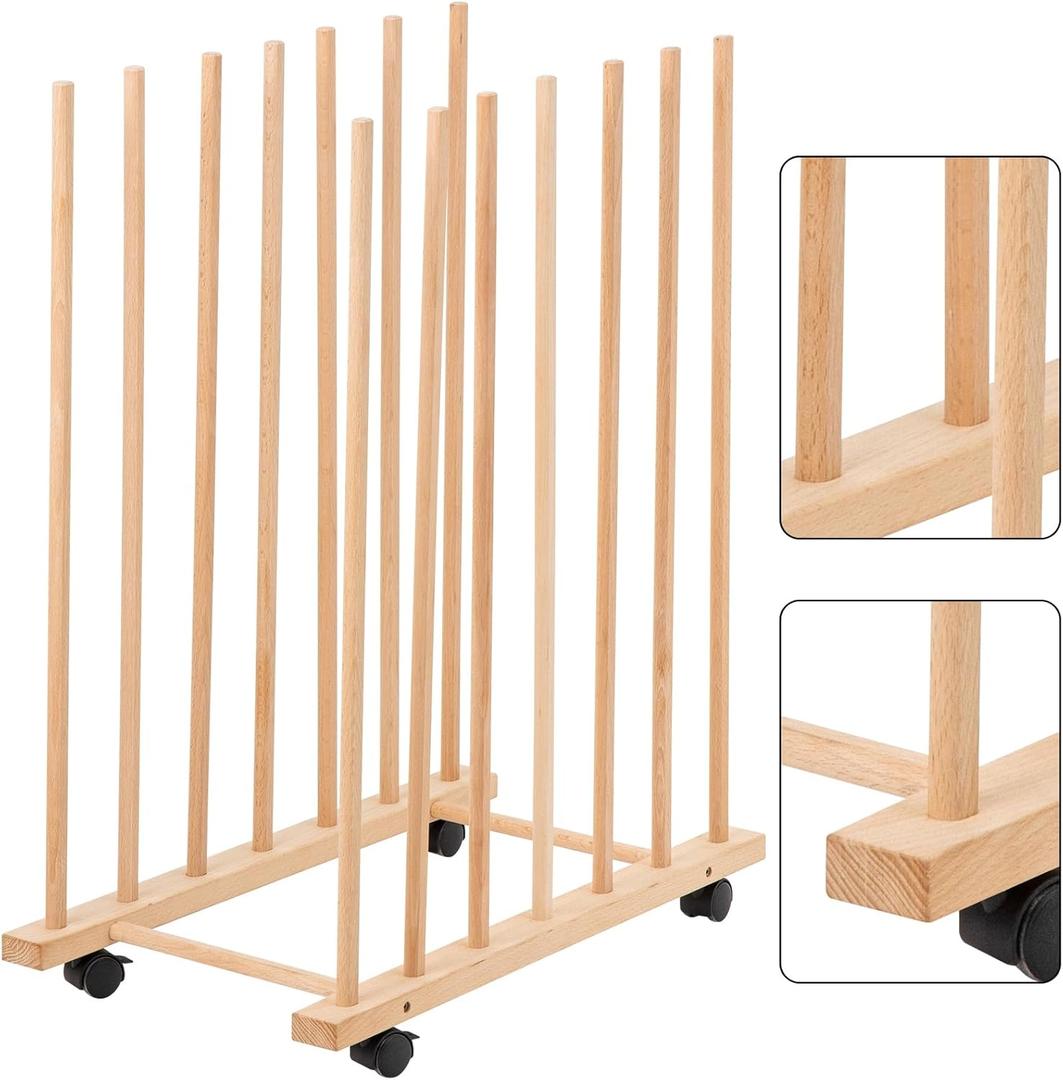 Large Art Storage Rack with Four Caster Wheels - Wooden Canvas Storage Stand Can Well Hold Up to 60" Drawing Boards, Prints, Panels, Paintings, and Artworks Display