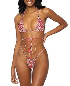 Women Halter String Bikini Set Sexy Thong Cheeky Two Piece Swimsuits Solid Color Bathing Swimwear (Small, Red Flower)
