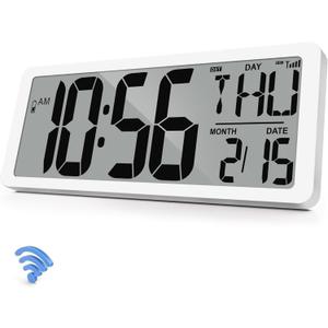 Atomic Clock 14.9" Digital Wall Clock Battery Operated Atomic Wall Clock Large Digital Alarm Clock with Day Date & Temperature for Wall Bedroom Living Room Classroom Home Office
