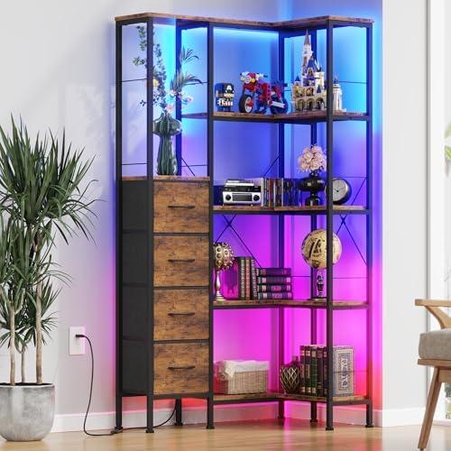 AFLUI Corner Bookshelf with LED Light Strips & 4 Fabric Drawers, 5-Tier Convertible Corner Shelf with Display Shelf, Large Wood Industrial Bookcase for Living Room, Bedroom, Home Office, Rustic Brown