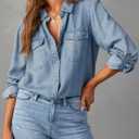 Astylish Women Button Down Denim Shirts Casual Long Sleeve V Neck Chambray Blouse Top