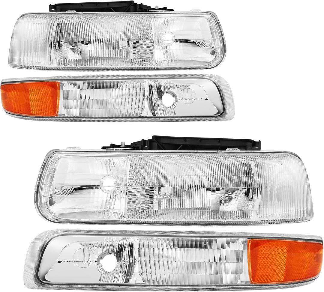 Headlights Assembly Compatible with 1999-2002 Chevy Silverado 1500 2500, 2000-2006 Chevy Tahoe Suburban Headlamp Assembly, Chrome Housing, OE Replacement Halogen head light assembly set