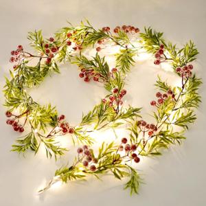 Christmas Garland with Light,Lighted Snowy Red Berries Holly Leaves Garland for Fireplace Mantle Indoor Outdoor Christmas Decoration 6.5FT Pre-lit Battery Operated Xmas String Lights 2 Pack