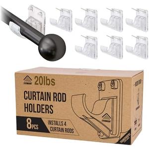 8pcs Heavy Duty Curtain Rod Holders with Wide Hook, 5X Stronger Than Adhesive Curtain Rod Hooks, 20 LBS Tension Curtain Rod Bracket for Wall with Level and Pin Guide, Curtain Wall Mount
