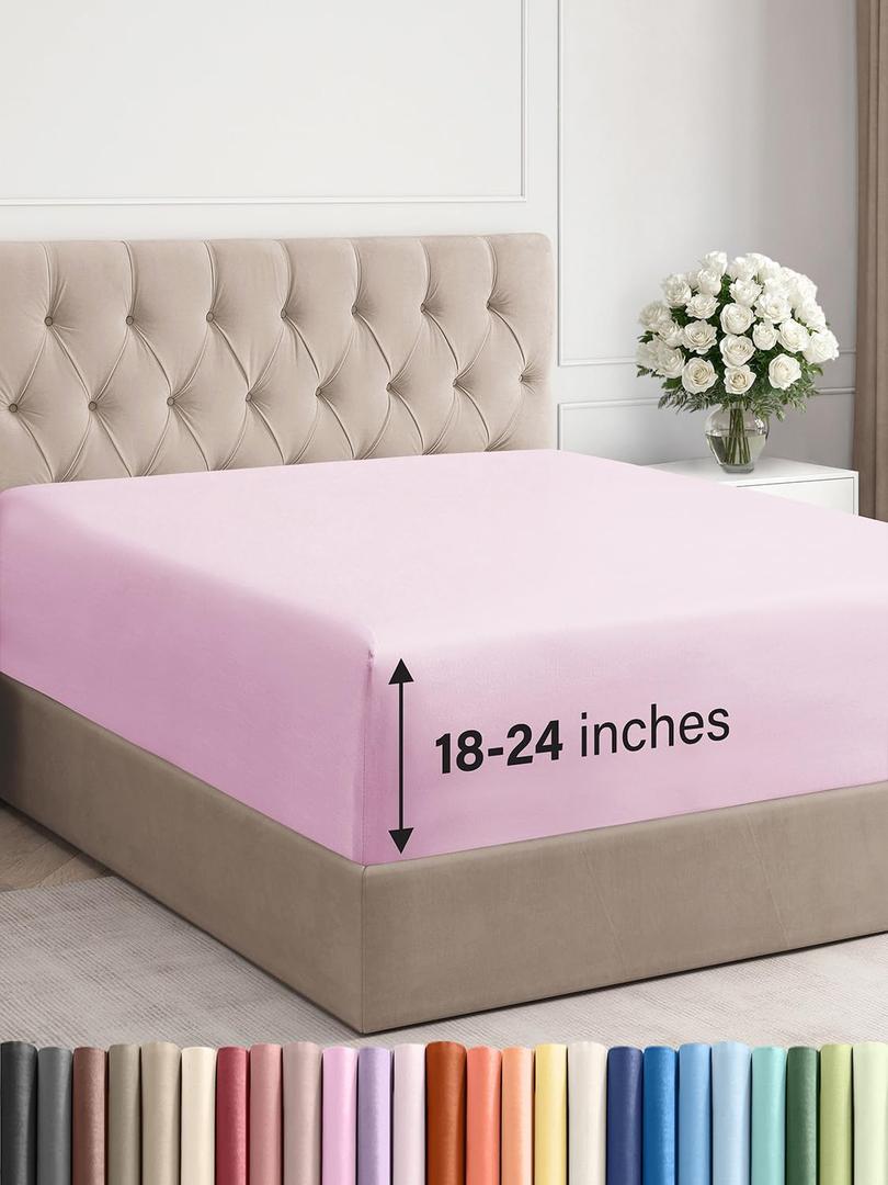 Extra Deep Queen Fitted Sheet - Hotel Luxury Single Fitted Sheet Only - Easily Fits 18 inch to 24 inch Mattress - Ultra Soft, Wrinkle & Fade Free w/Extra Deep Pocket - Breathable & Comfy - Light Pink