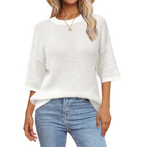 Arach&Cloz Womens 100% Cotton Summer Casual Loose Fit Crochet Top 2025 (Medium, Beige)
