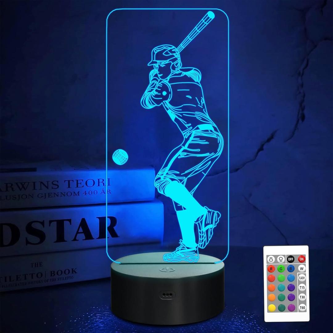 Baseball 3D Night Light, Sport Gifts Bedside Lamp for Xmas Holiday Birthday Gifts for Baseball Fan with Remote Control 16 Colors Changing + 4 Changing Mode + Dim Function