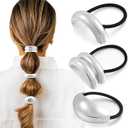 3PCS Silver Hair Ties, Metal Hair Ties for Thick Hair, Elegant Durable Geometric Design, Silver Hair Accessories Stretchy and Non-Damage Ponytail Holders, 3 Styles in Box Gifts Holiday