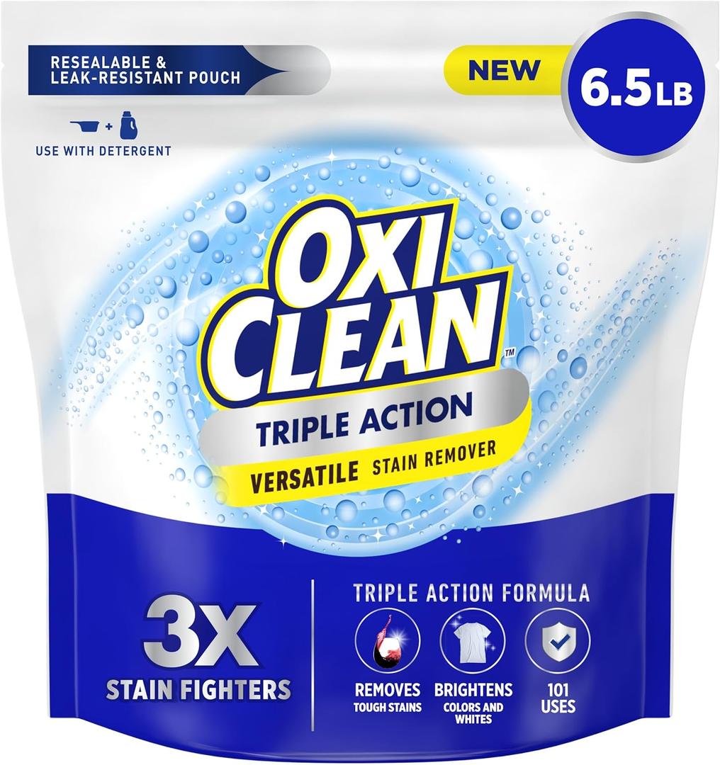 OxiClean Triple Action Versatile Stain Remover Powder, Use with Detergent, Removes Tough Stains like Grease, Blood and Grass, Brightens Colors and Whites, Chlorine Free, 6.5 lbs (104 Ounce (Pack of 1))